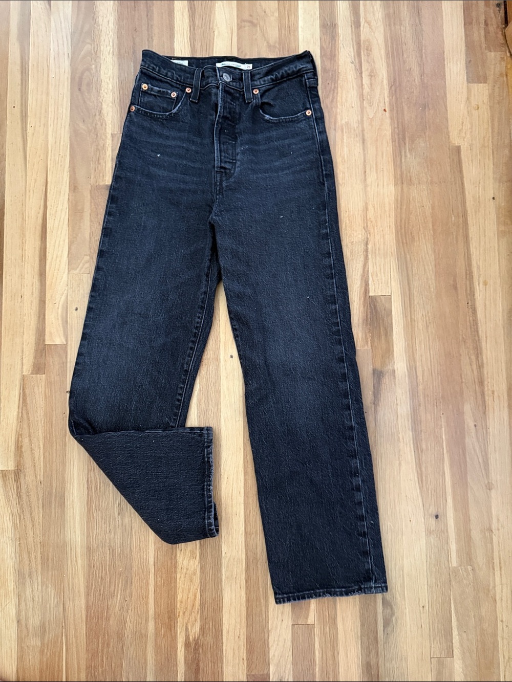 Levi's Premium Ribcage Straight Leg Button Fly 99% Cotton Jeans in Black Wash